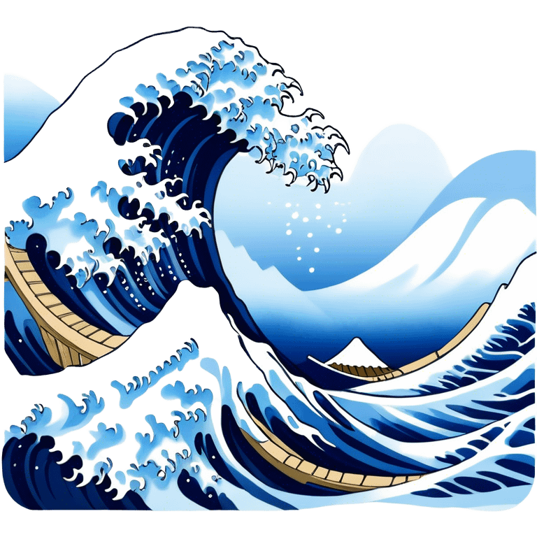 Cinematic Realistic Great Wave off Kanagawa, depicted as a colossal, crashing wave with dynamic blue hues and frothy white crests, rendered with intricate textures and fluid motion that captures both the timeless power and poetic beauty of the iconic Japanese artwork emoji