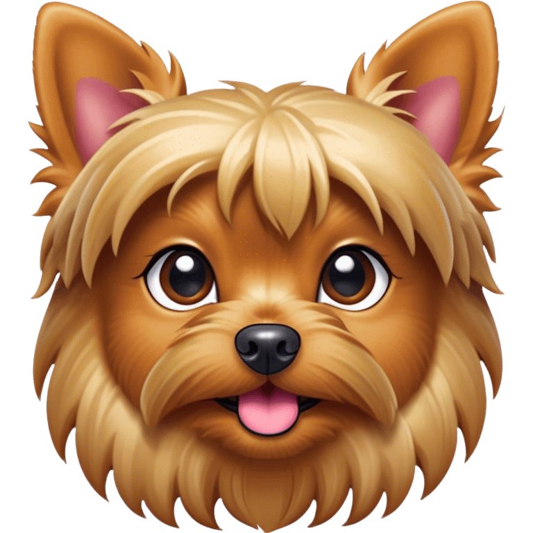 Cinematic Cute Yorkshire Terrier Portrait Emoji, Head perked with bright, twinkling eyes and a perky expression, showcasing a soft, silky fur in rich hues, simplified yet adorably detailed, glowing with a cheerful, inviting glow, high shine, exuding playful intelligence and spunky charm, styled with a gentle, whimsical outline, capturing the essence of a cute Yorkshire Terrier that appears ready to frolic off the screen with irresistible energy! emoji