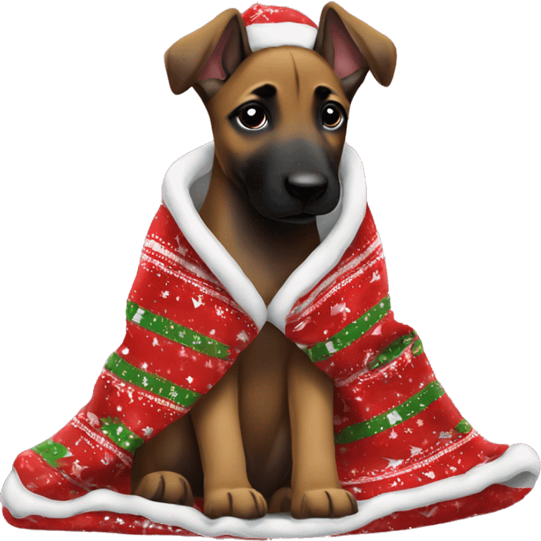 Belgian Malinois puppy wrapped in a christmas blanket  emoji