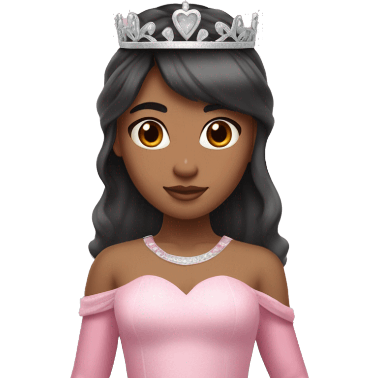 Princess with halo with medium skin tone with long black hair with bang with silver pink heart tiara and pink dress emoji