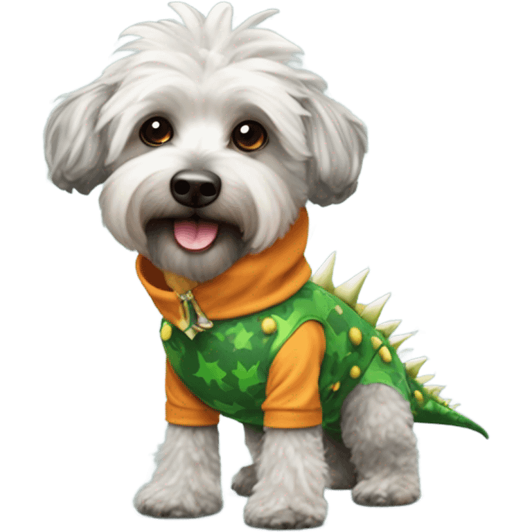 Schnoodle wearing a dinosaur costume emoji