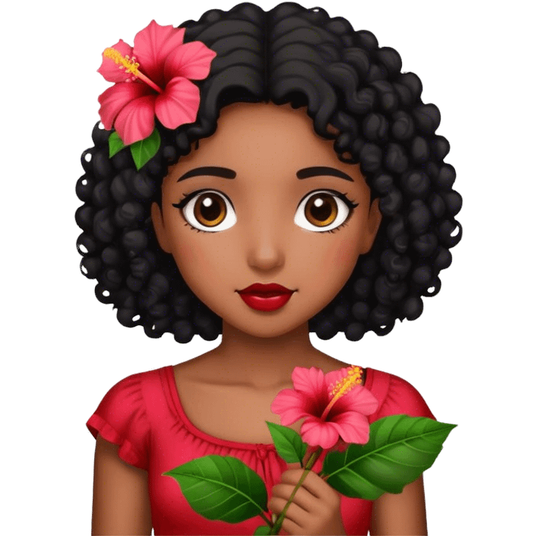 Girl with brown skin with black curly hair holding hibiscus flowers emoji