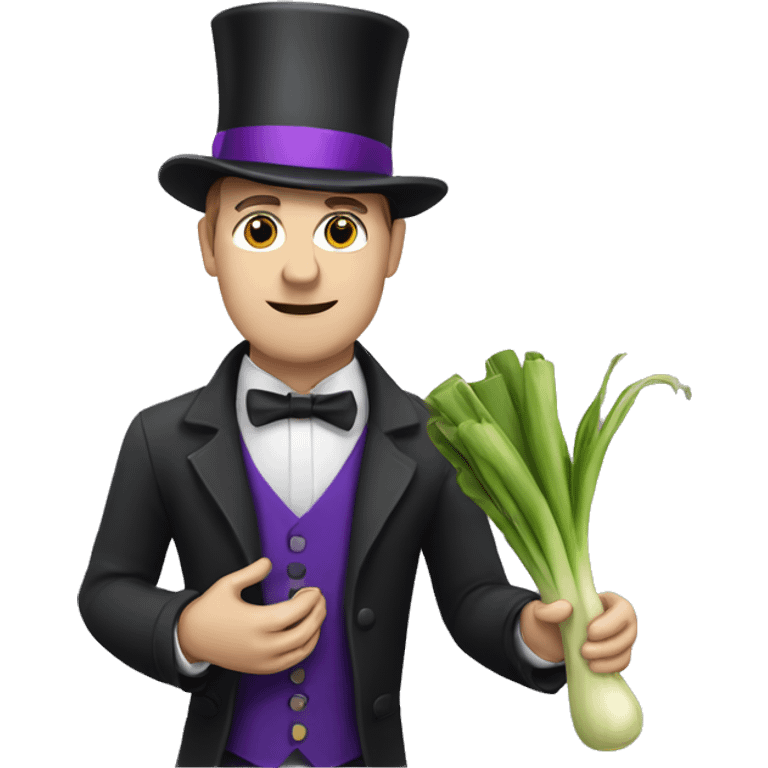 White man wearing a Top Hat with a purple band holding a leek emoji