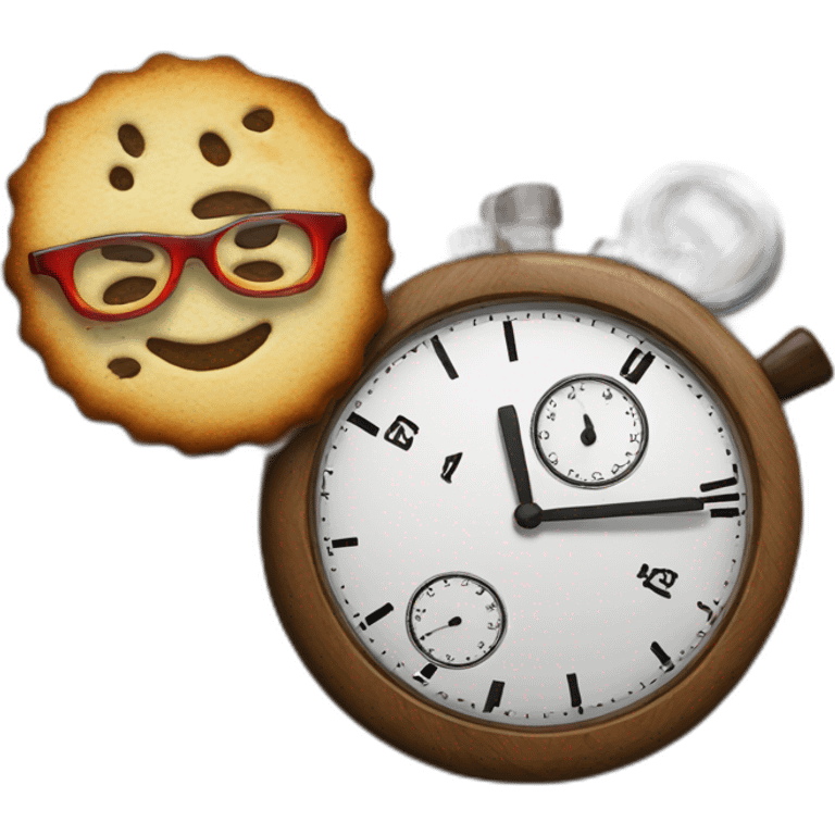 A stop watch in wood with glasses and a coockie emoji