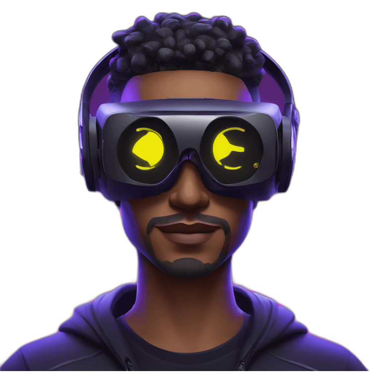 Cyberpunk style. Violet neon. Man with light skin in the black hoody with violet OMG VR logo on it wearing vr headset oculus quest 2 emoji