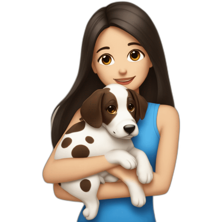 beautiful woman with dark long straight hair and brown eyes hugs a spotted puppy emoji