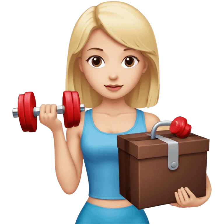 blonde woman holding a box of chocolates and a dumbbell emoji