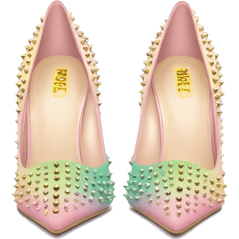 Hyper Realistic top front view of a pair of pastel pink,pastel green,and pastel yellow ombre gold studded pointed toe stiletto shoes.  emoji