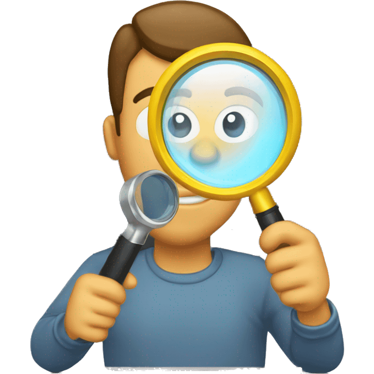 man holding a magnifying glass to read a computer monitor emoji