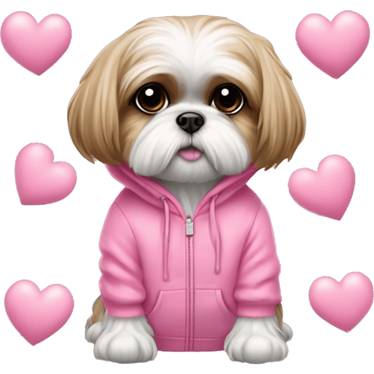 one very cute shih tzu girl and one maltaise dog wearing a pink hoodie with hearts emoji