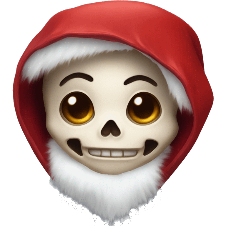 Cute, happy little skull wearing a red velvet hood with white fur trim. emoji