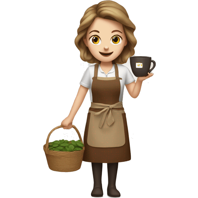 white girl in brown apron with a tea basket emoji