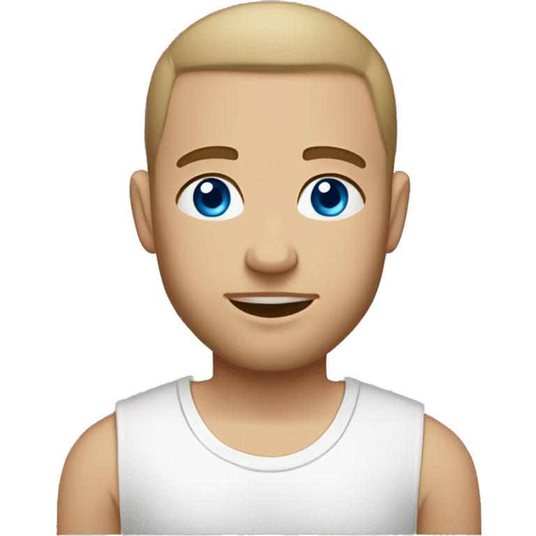 A guy with blue eyes, light skin, shaved hair under 0.5, a little beard on his chin, wearing a white T-shirt, a silver earring piercing with a cross on one ear. emoji