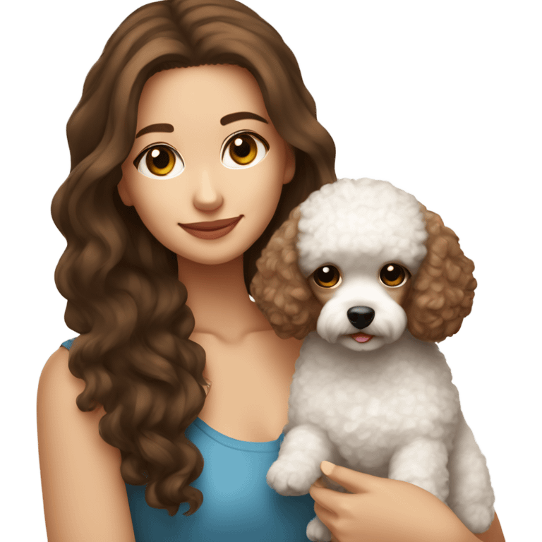 Brown hair brown eyed girl holding a small white toy poodle emoji