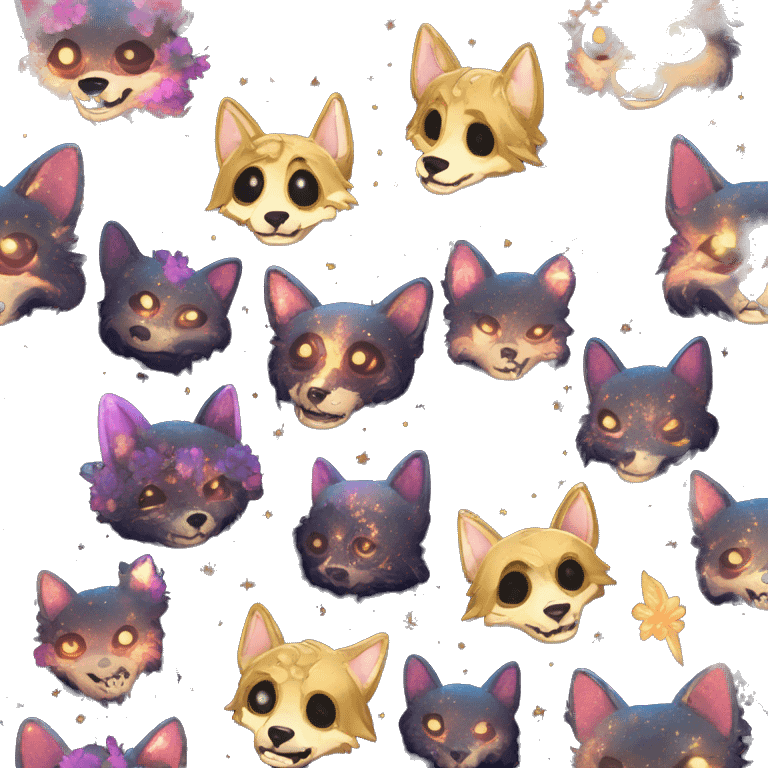 Black iridescent dog fox zombie skeleton gold mechanical nebula galaxy stars flowers fairy lights vintage emoji