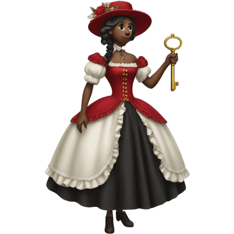 galora, holding big key in red victorian dress, full body emoji