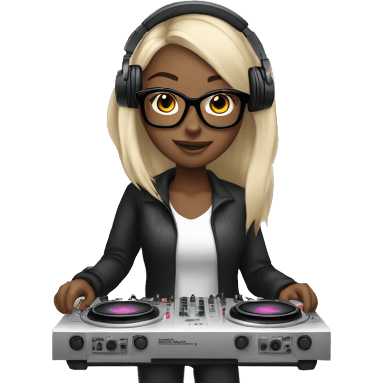 Light toned girl with long black hair with glasses on with headphones on mixing on a dj mixer  emoji