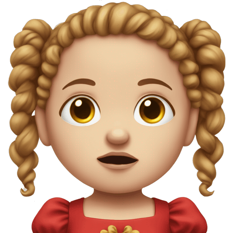 crying sad pale baby doll with red dress and curly brown pigtails emoji