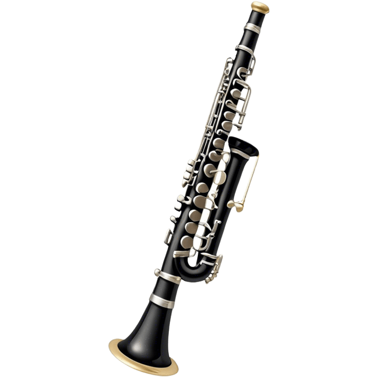 Create an emoji, representing a black standard clarinet. The design should feature a smooth, glossy black body of the clarinet with shiny, silver keys clearly visible. Highlight the intricate details of the mouthpiece and reed at the top, while the body of the instrument should remain simple and elegant. Add subtle musical notes or soundwaves floating around the instrument to symbolize its clear, melodic sound. Use black for the body, silver for the keys, and soft lighting effects to give the instrument a polished, sophisticated look. The background should be transparent. emoji