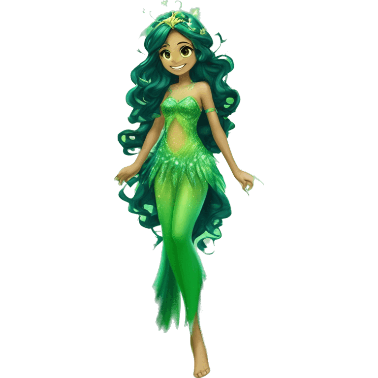 Aisha adult fairy of ocean / sea her enchantix fairy green / dark green sparkling two-piece clothing and fairy enchantix wings and long dark brown curlyhair in from winx club. Lots of sparkles and fairydust. Full body pic and full fairy bliss emoji