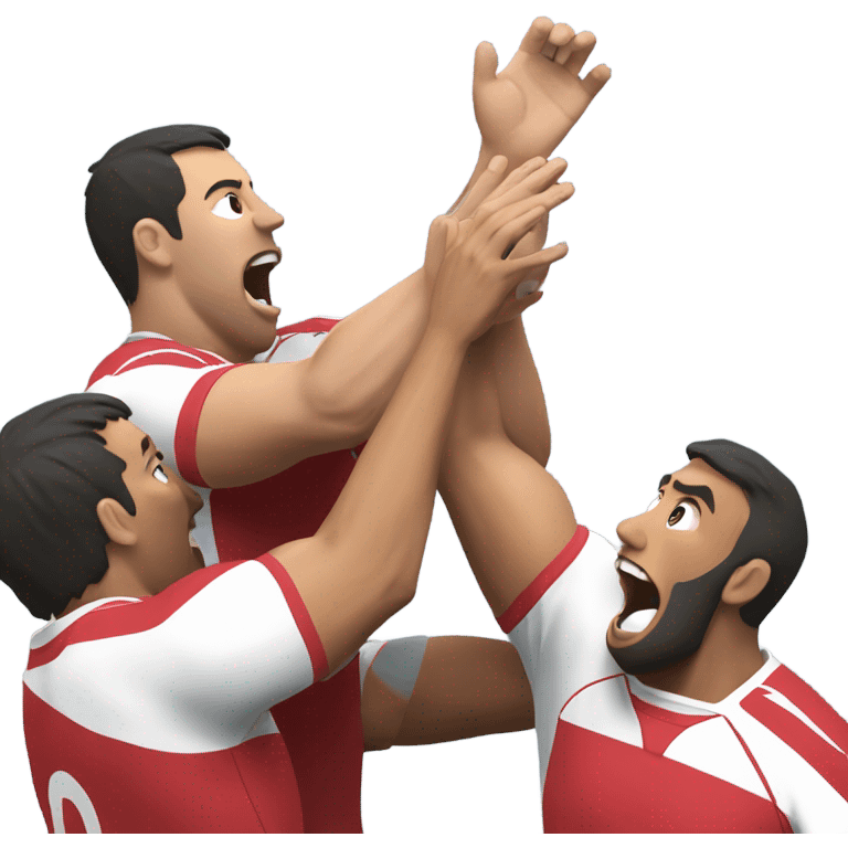 a rugby lineout, two players lifting another who catches the ball with his two hands outstretched emoji