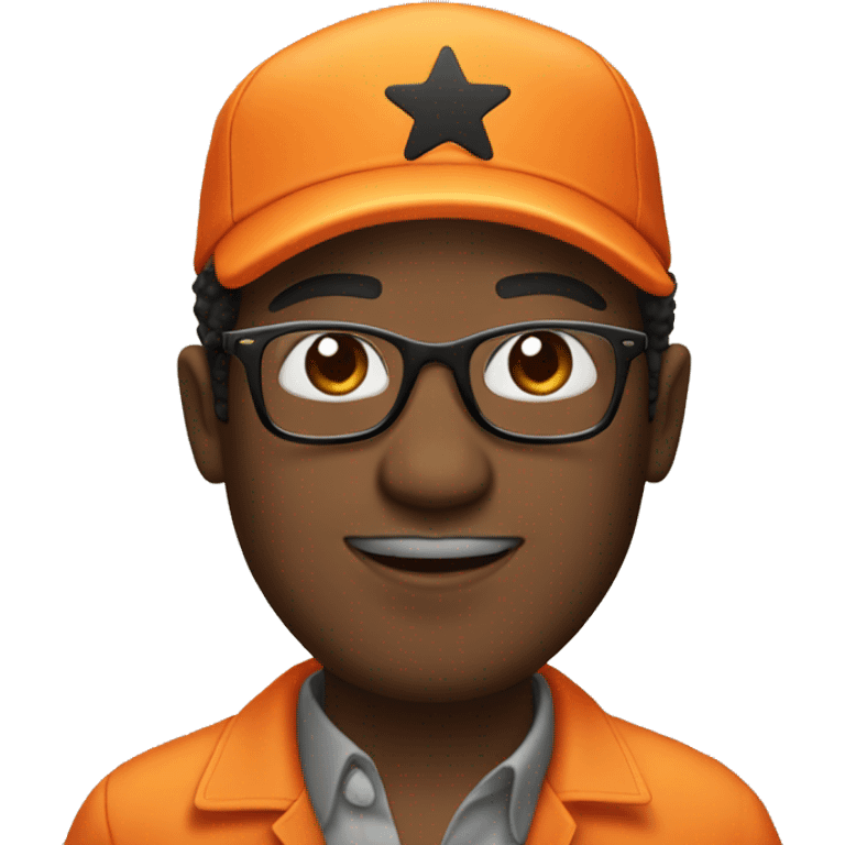 An african american man in an orange jumpsuit with black glasses and a star on his orange hat. emoji