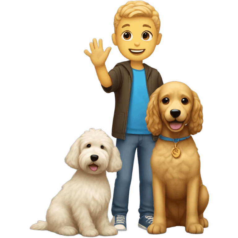 Boy with cornrows high fiving a golden doodle emoji