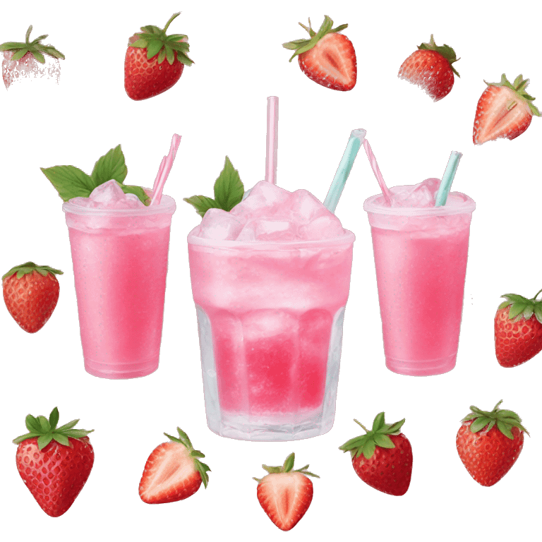 pink drink with ice and strawberries inside  emoji