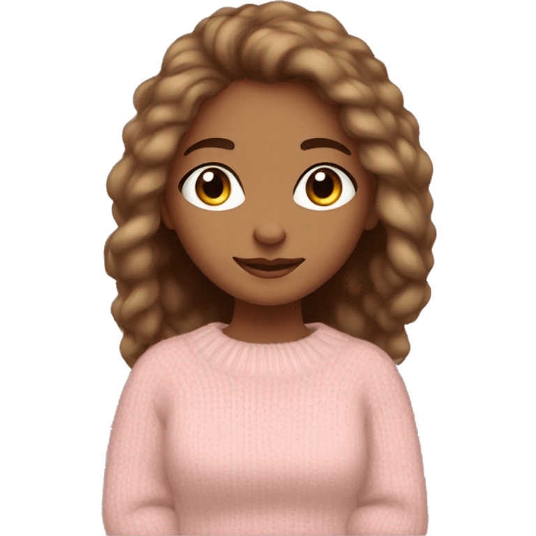 Pretty lightbrown eyed lightbrown girl with light pink sweater reading cozy emoji