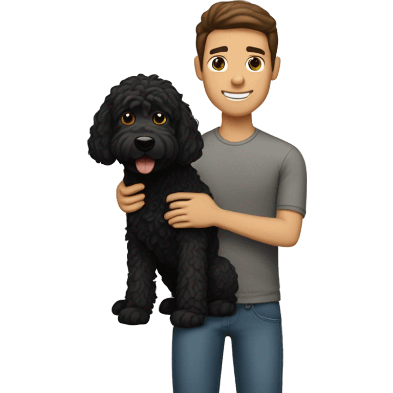 clean-shaven straight-haired brunette man holding black labradoodle emoji