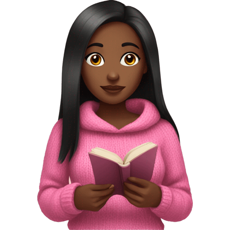 Pretty black girl with pink sweater and long straight black hair reading cozy emoji