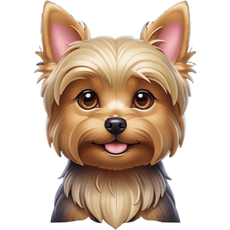 Cinematic Cute Yorkshire Terrier Portrait Emoji, Head perked with bright, twinkling eyes and a perky expression, showcasing a soft, silky fur in rich hues, simplified yet adorably detailed, glowing with a cheerful, inviting glow, high shine, exuding playful intelligence and spunky charm, styled with a gentle, whimsical outline, capturing the essence of a cute Yorkshire Terrier that appears ready to frolic off the screen with irresistible energy! emoji