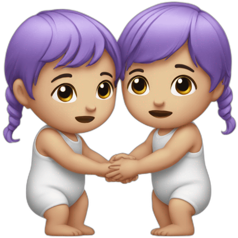 two crying white babies holding hands, one has purple hair emoji