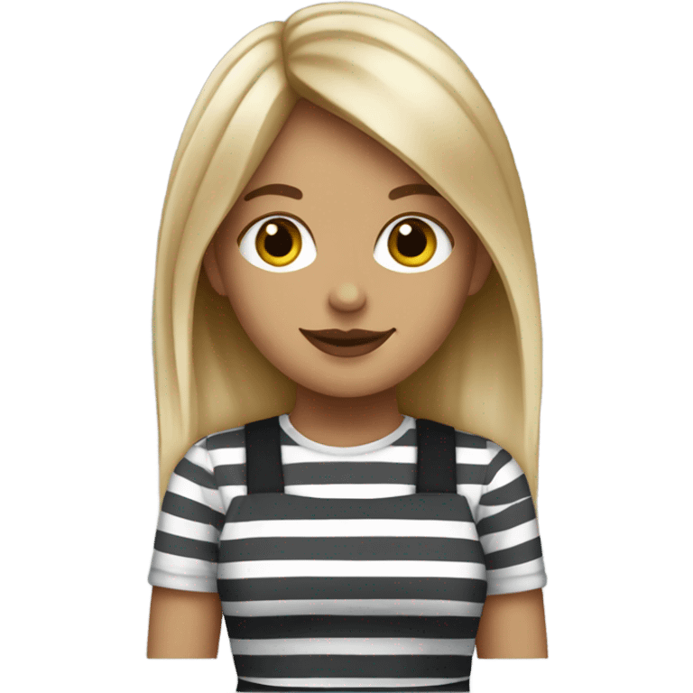 blonde girl with curtain bangs wearing a starbucks apron and a black and gray striped shirt emoji