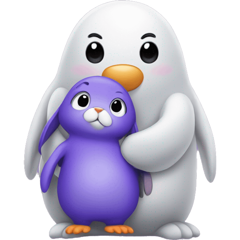 Purple bunny with floppy ears hugging a penguin emoji