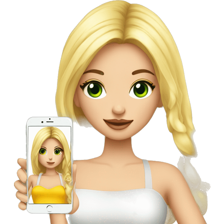 Chica rubia ojos verdes vestido de verano y con un IPhone 14 en la mano  emoji