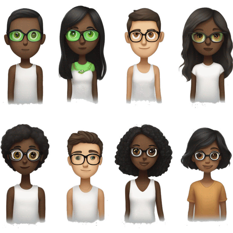 Black girl with medium brown skin and cute big gold wireframe glasses and just past the shoulder length straight flowy dark brown hair with a white guy with black hair and green eyes who looks like nev from catfish with big glasses emoji