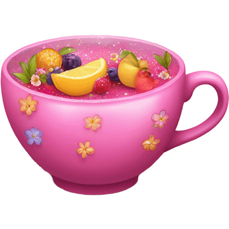 Pink cup of tea with fruit inside it and glitter and flowers emoji