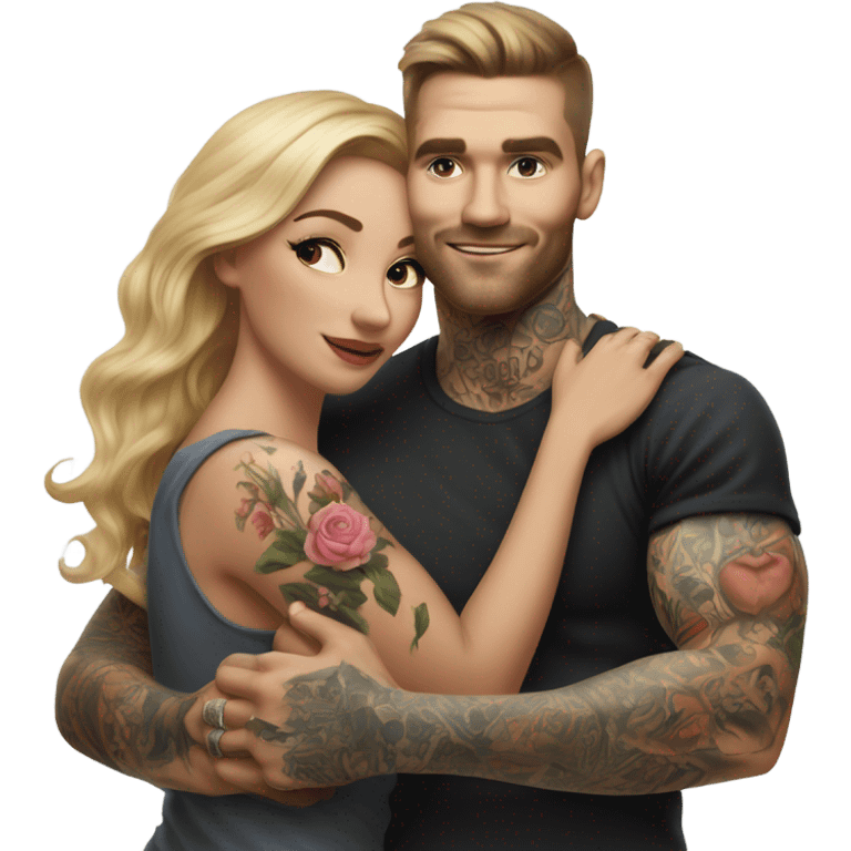 Hyper Realistic beautiful woman in the arms of a very handsome tattooed man playing  emoji