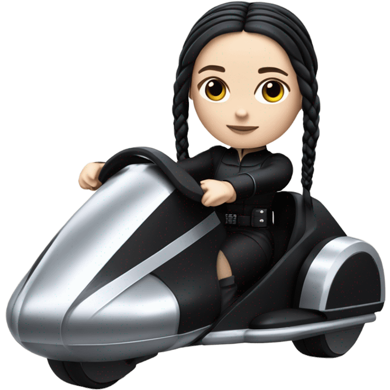 Wednesday Addams piloting a Jumpspeeder anti-gravity repulsorlift swoop emoji