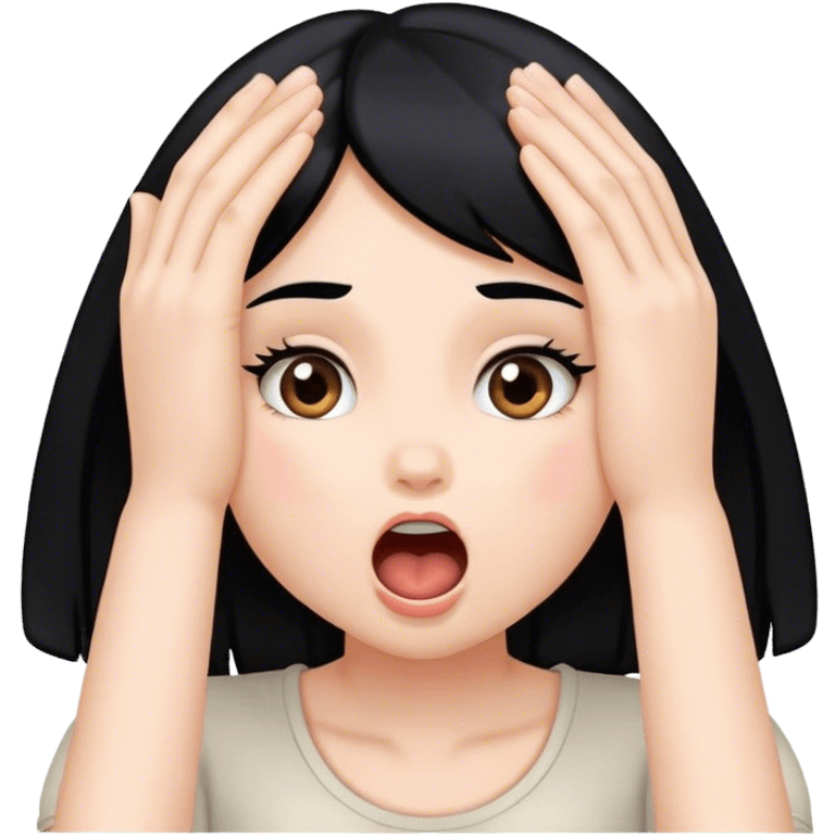 Girl with black hair hands on her cheeks mouth open emoji