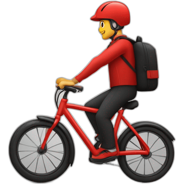 Garçon en tenue rouge sur un vélo noir, vélo avec un sac tout rouge cubique emoji