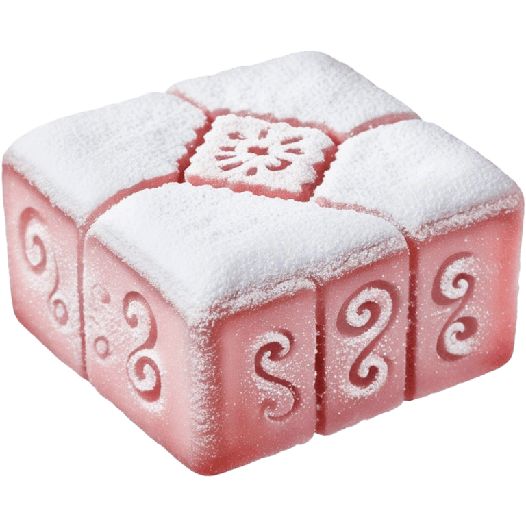 Turkish Delight Cinematic Realistic Turkish Delight Dessert Emoji, depicted as a single, delicate piece of Turkish delight dusted with powdered sugar, rendered with intricate textures and soft, inviting lighting. emoji