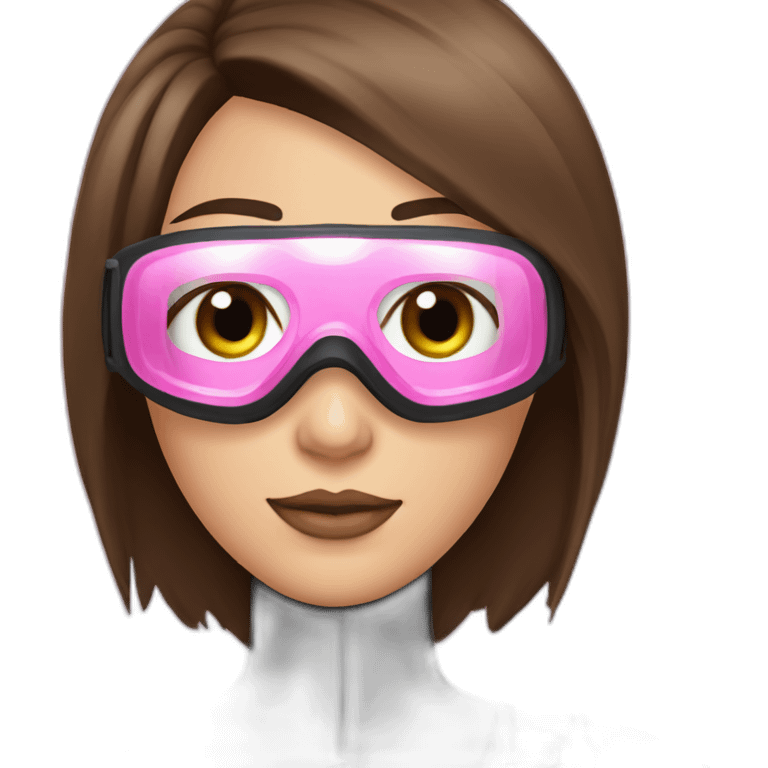 woman with brown eyes, long straight brown hair, pink diving mask with a single crystal. underwater black suit emoji