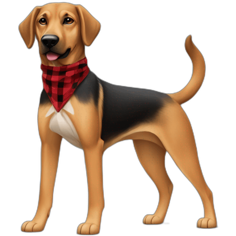 adult 75% Coonhound 25% German Shepherd mix dog with visible tail wearing small pointed red buffalo plaid bandana full body walking left quickly emoji