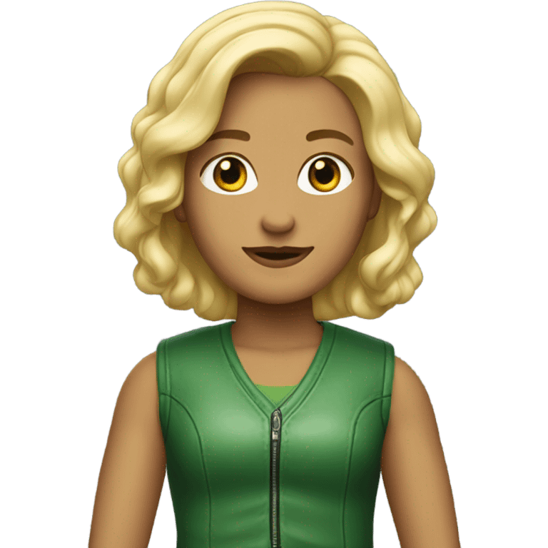 Blonde with medium length in a leather vest, green color emoji