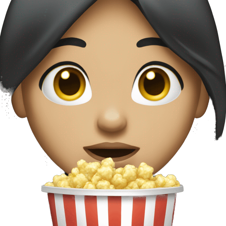 Caucasian girl with black hair, eating popcorn emoji