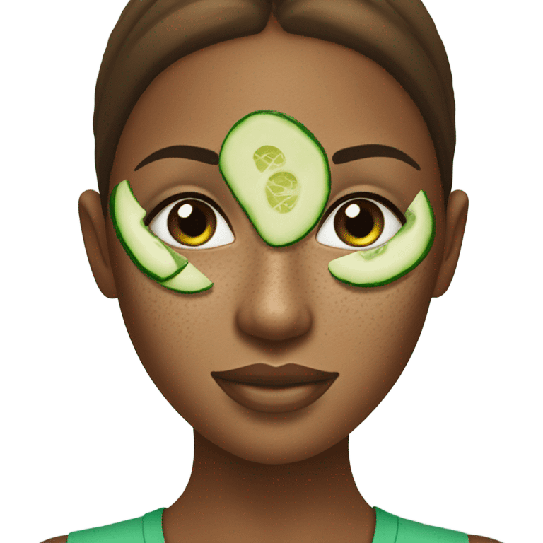 Girl with freackles Brown hair white skin Tone and blue eyes wears Green skin care mask while She relaxes and cucumber on her closed eyes emoji