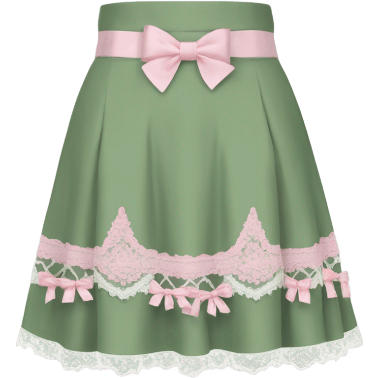 Sage green a-line mini skirt with pink lace and bows and embroidery, isolated emoji