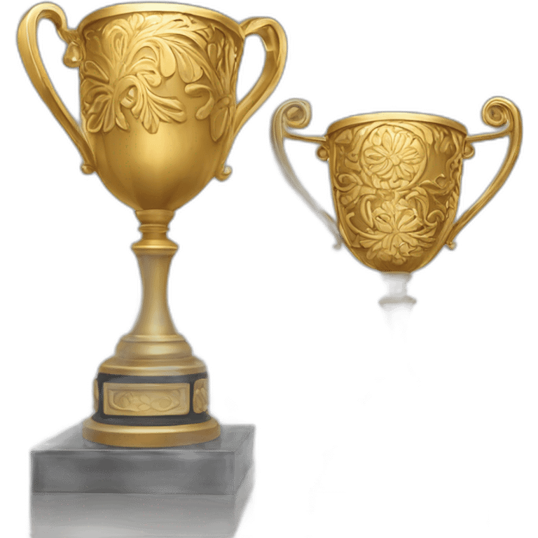 Create a golden trophy shining brilliantly, adorned with intricate designs, set on a pedestal at a prestigious award ceremony, symbolizing achievement and recognition. emoji